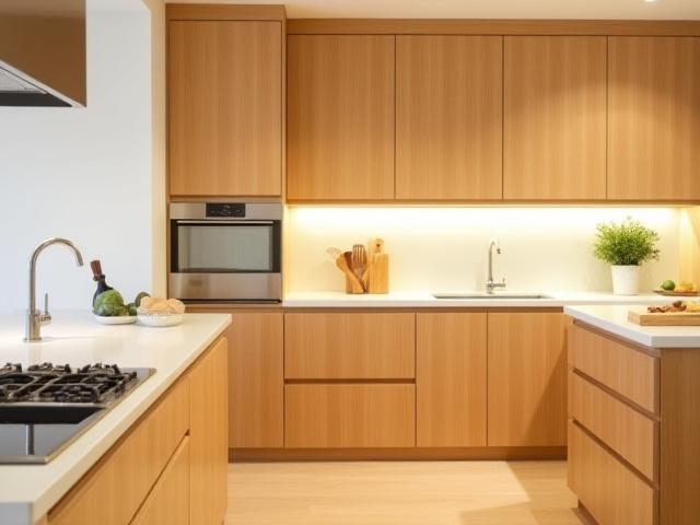 モダンなオープンキッチンのカスタム木製キャビネット