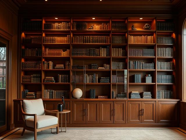 壁一面に広がるオーダーメイドの木製書棚を備えた書斎
