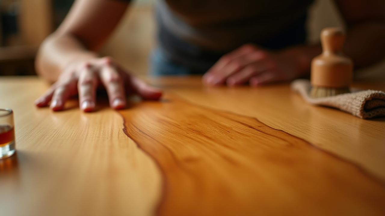 完成した家具に最終仕上げのオイルを塗る職人の手元