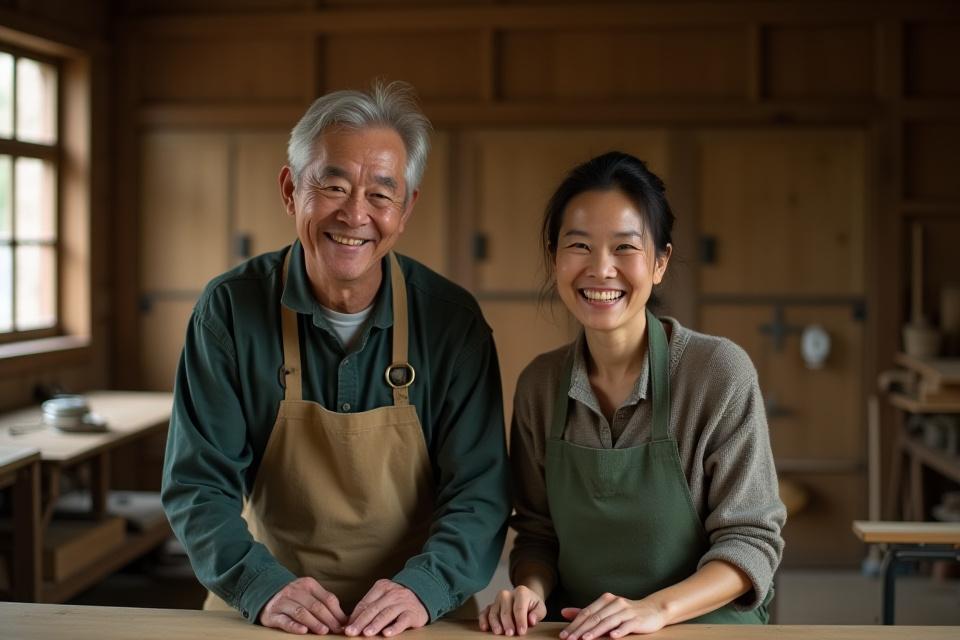 Sumire Worksの創設者二人、歴史ある工房で笑顔を見せる