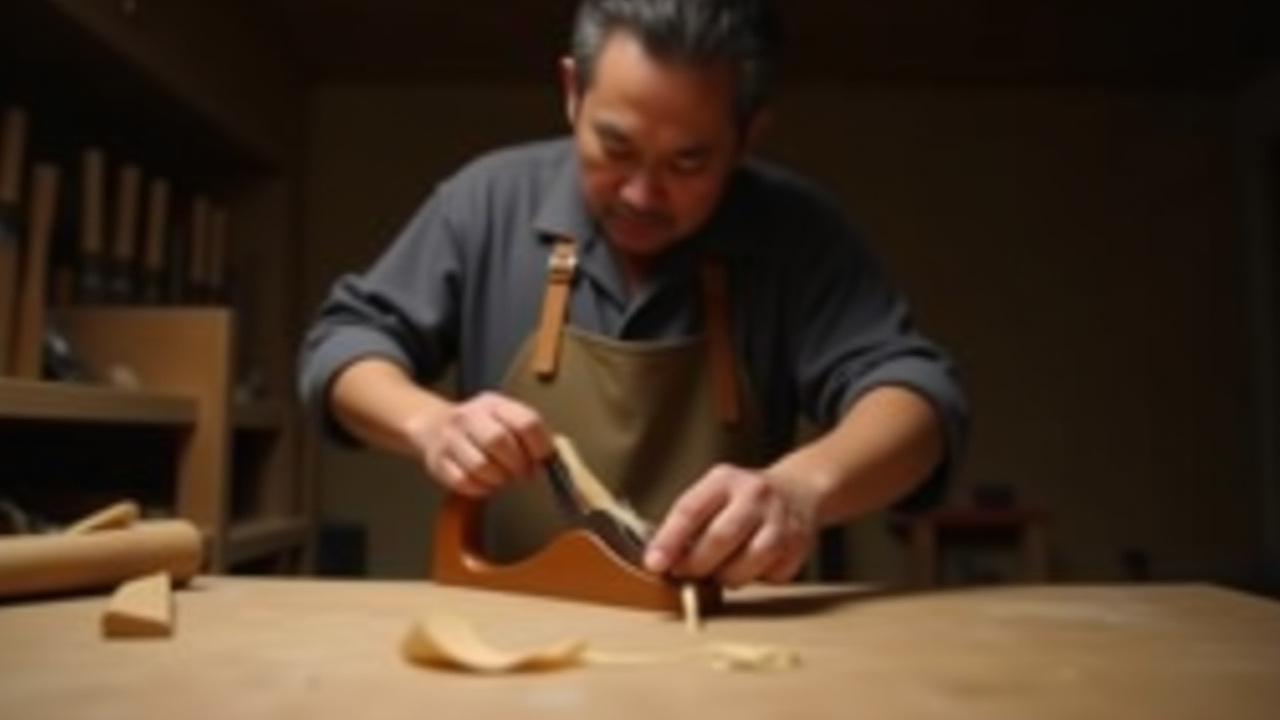 職人が木材を加工し、繊細な曲線を作り出す様子