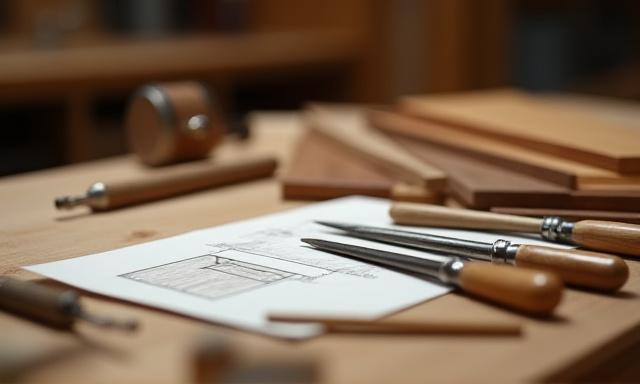 特注家具デザインのスケッチと木材サンプル
