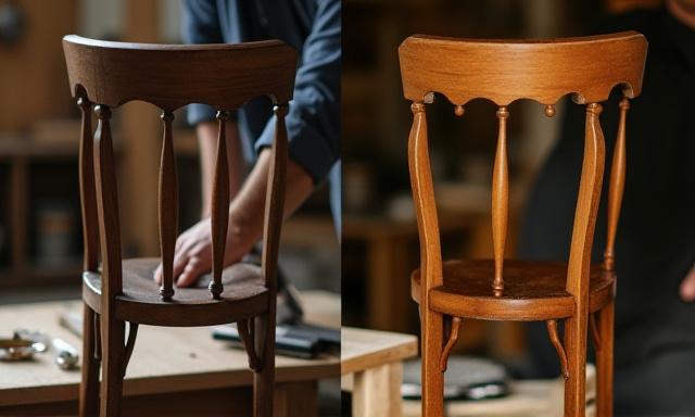 古い木製家具の修復途中と磨き上げられた状態