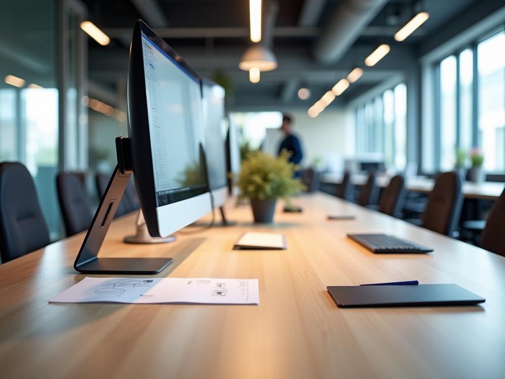 モダンな企業オフィスに設置された特注デスクの制作事例